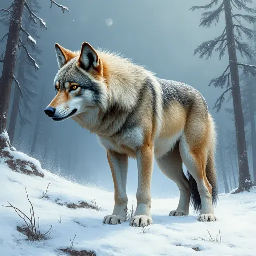 A fierce wolf standing in a snowy landscape, sketched with deep shading and a wintery color palette.