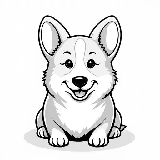 black and white simple line drawing of a corgi from the front view