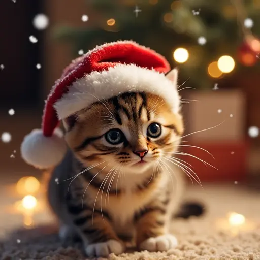 A cute cat wearing a Santa hat, surrounded by softly falling snowflakes and twinkling Christmas lights, creating a cozy and festive atmosphere with a touch of holiday magic.