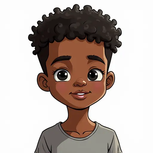 A boy with dark skin and short curly hair, sketched in smooth lines with minimal shading.