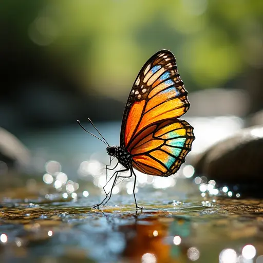 A butterfly with delicate glass-like wings, reflecting a rainbow of colors as it flutters over a sparkling stream in a sunlit clearing.