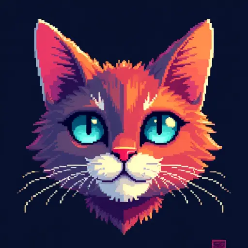 A retro pixel art-style cat face, with each part of the cat made up of colorful pixel blocks, giving a vintage tech look.