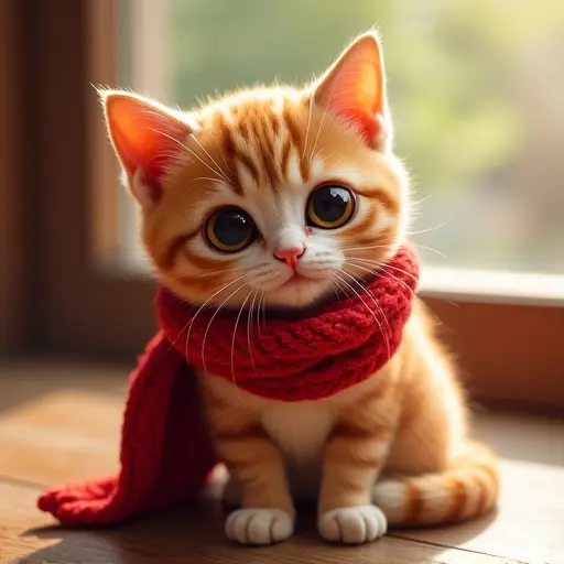 Cat wearing a red scarf, with big eyes and a gentle smile, sitting in a sunny spot.