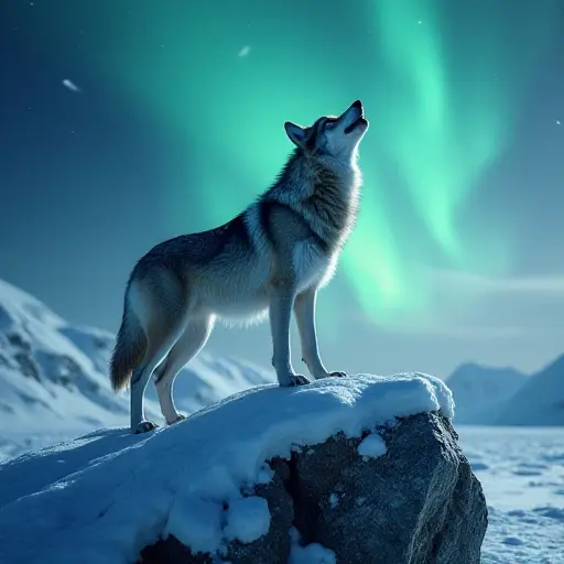 A wolf standing on an icy peak, howling under the northern lights, surrounded by snow-covered rocks and cold winds.