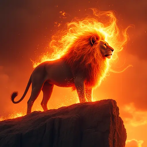 A lion with a mane made of flowing fire, standing atop a rugged cliff as sparks and ash drift in the wind, illuminated by the glowing red sky.