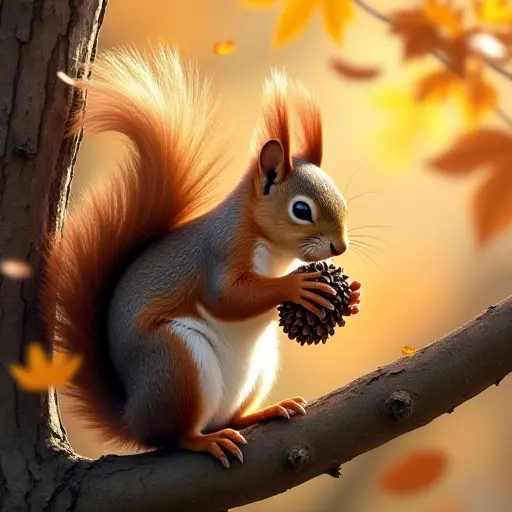 A squirrel perched on a tree branch, clutching a pine cone in its paws, surrounded by a whirlwind of autumn leaves falling gently around it.