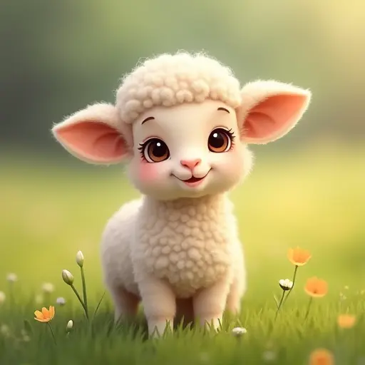 Cute baby sheep with soft wool, big eyes, and a peaceful expression in a meadow.