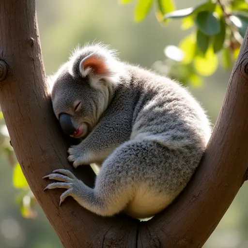 A koala with a thick, bushy tail, sleeping peacefully in the crook of a eucalyptus tree, surrounded by soft sunlight filtering through the leaves.