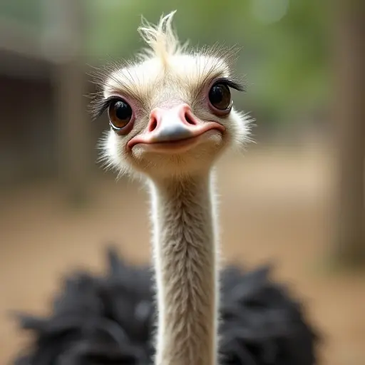 Cute ostrich with long neck, fluffy feathers, and large curious eyes.