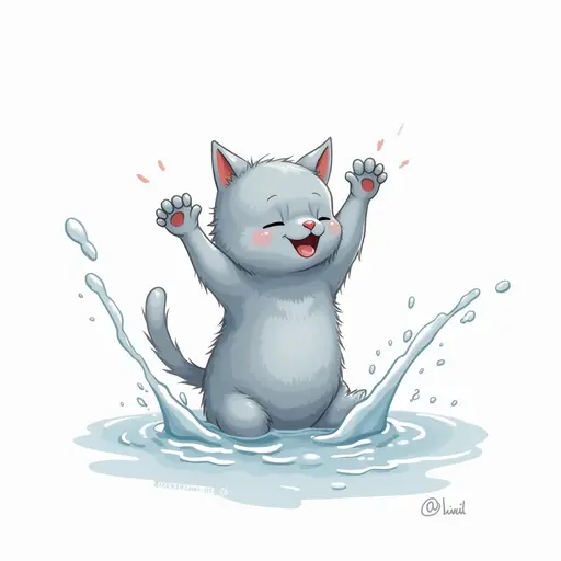 clean pencial outline sketch of A russian blue playfully splashing water with its paws, showing a mischievous expression.