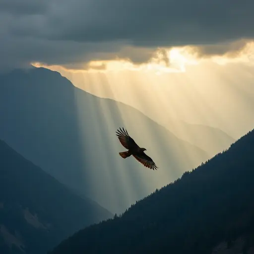 An eagle diving swiftly through dramatic beams of sunlight breaking through thick storm clouds over a vast mountain range.