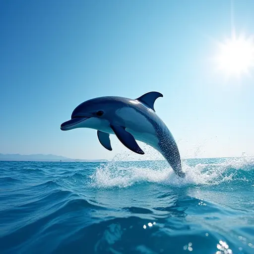 A dolphin leaping out of a sparkling blue ocean under the midday sun, with water droplets glistening in the air and a perfect clear sky above.