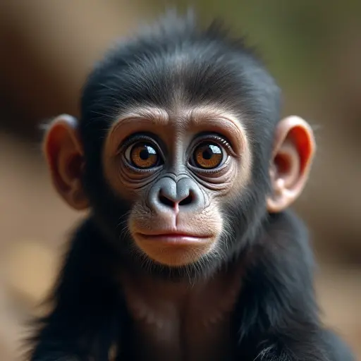 Baby gorilla with large, expressive eyes, soft fur, and a curious look.