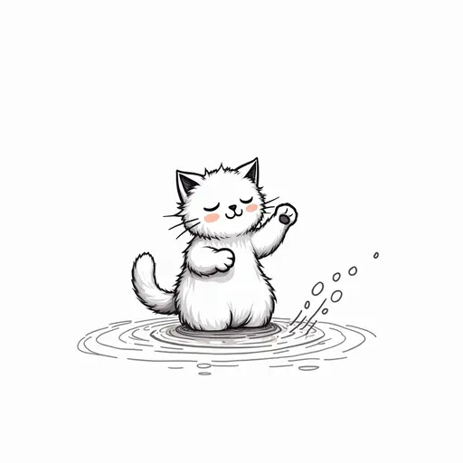 clean pencial outline sketch of A rasta cat playfully splashing water with its paws, showing a mischievous expression.