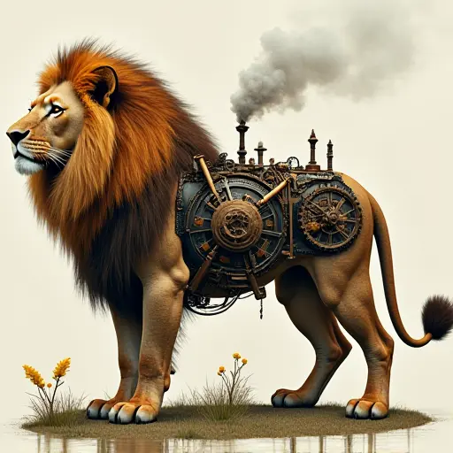 A lion with a steampunk-inspired body, featuring mechanical gears and steam vents, creating a fusion of nature and technology.