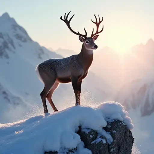 A deer standing on the peak of a snow-covered mountain, with snowflakes gently falling around it and the bright winter sun casting a soft glow on its fur.