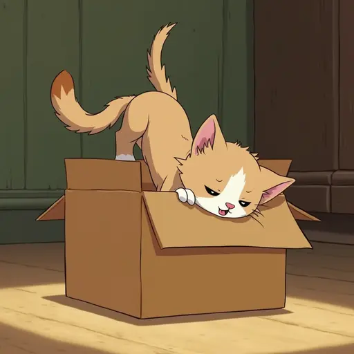 studio ghibli style of The kitten dives headfirst into the box, its tail swishing gently as it explores the surroundings.