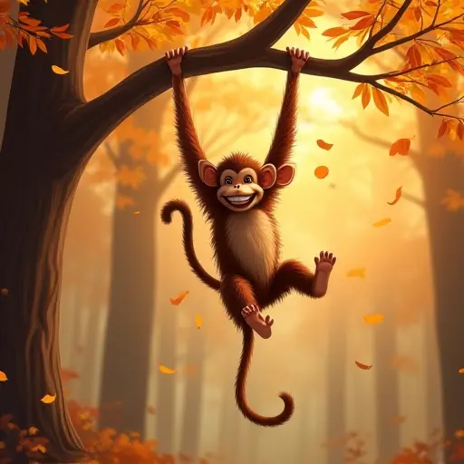 A playful monkey swinging from tree to tree in an autumn forest, with the wind rustling the golden leaves, sending them swirling through the air as the monkey’s fur blends with the autumn colors.