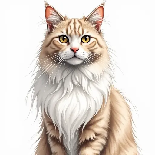 A cat with long, flowing hair, sketched with detailed pencil strokes and light watercolor accents.