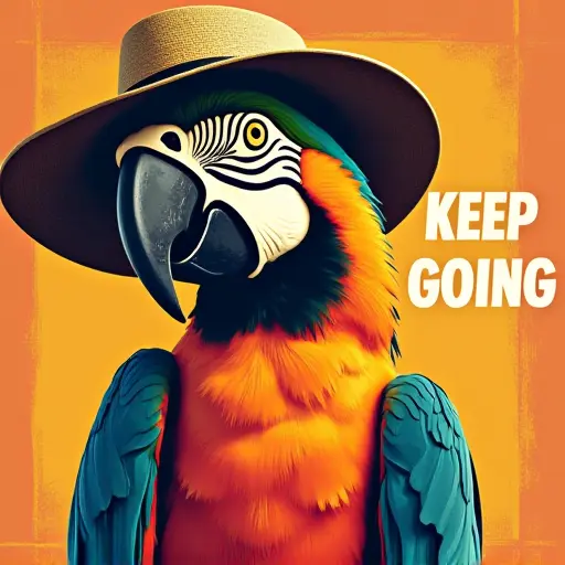 parrot, hat, slogan Keep Going, pop art style