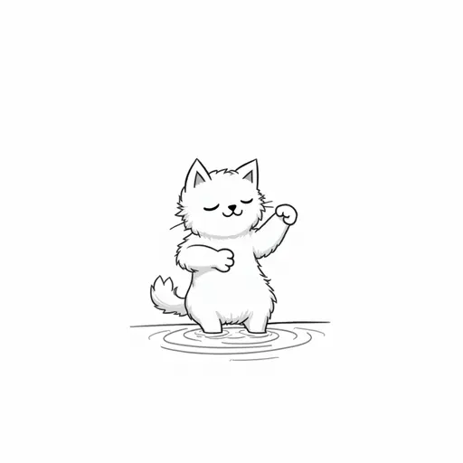 black and white simple line drawing of A rasta cat playfully splashing water with its paws, showing a mischievous expression.