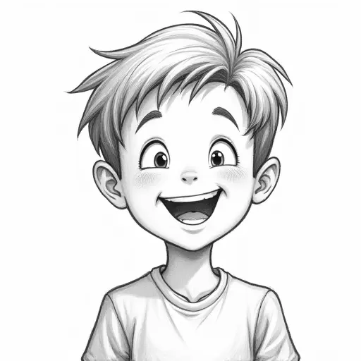 A boy with a wide smile and short hair, sketched with clean pencil strokes and light shading for a cheerful look.