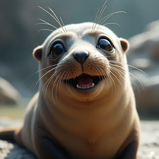 Adorable sea lion with big eyes, a shiny coat, and a playful expression.