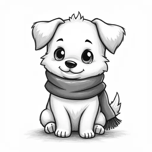 A small dog wearing a cozy scarf, drawn in a playful, cartoonish style with light pencil lines.