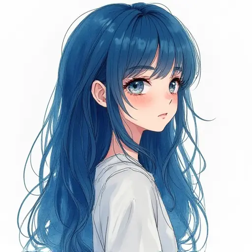 A girl with deep blue hair, sketched in soft pencil strokes with light watercolor accents.