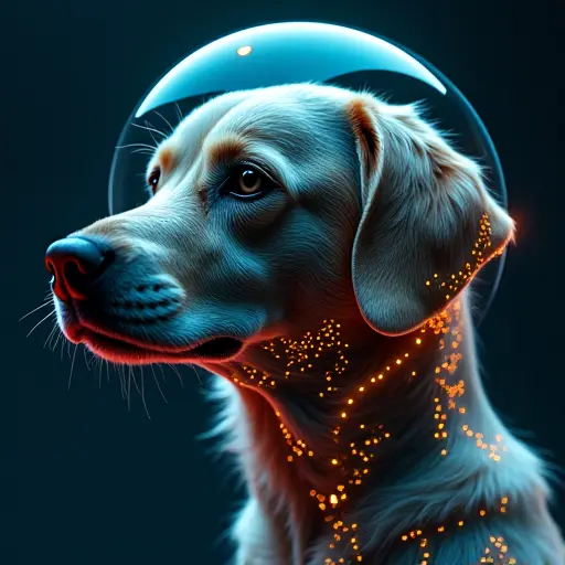 A futuristic dog wearing a helmet made of digital panels, with glowing lines and data streams running across its surface.