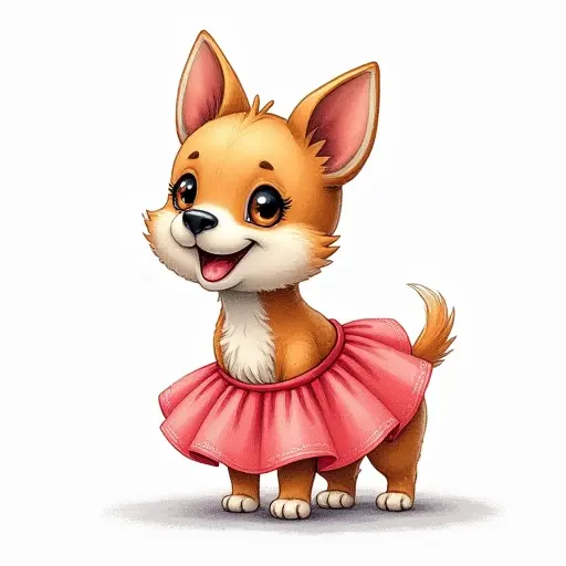 A dog in a cute skirt, standing proudly with a happy, whimsical expression, drawn with colored pencils.