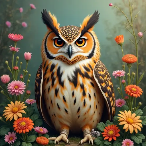 An owl surrounded by various flowers and plants, with its feathers blending naturally into the garden setting.