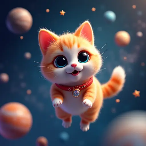 A 3D cat with a floating, anti-gravity look, surrounded by space elements like stars, planets, and galaxies.