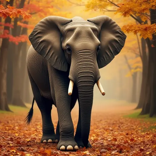 An elephant walking slowly through a forest as leaves in shades of orange, red, and yellow gently fall around it, its large feet stirring up autumn leaves.