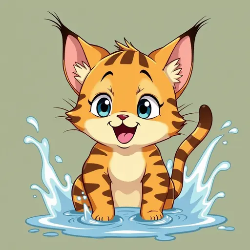 studio ghibli style of A bengal cat playfully splashing water with its paws, showing a mischievous expression.