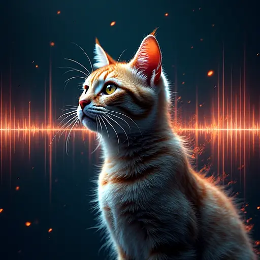 A cat surrounded by pulsating waves of sound, representing digital audio signals, with waves constantly distorting its form.