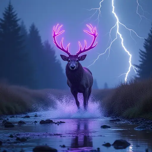 A deer with glowing purple antlers, leaping gracefully over a crystal-clear stream, with lightning flashing across the sky in the distance.