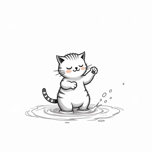 clean pencial outline sketch of A american shorthair playfully splashing water with its paws, showing a mischievous expression.