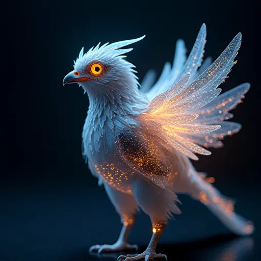 A bird avatar designed with glowing light patterns and digital feathers, emitting a sense of technological elegance.