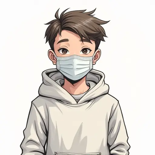 A boy with a face mask, wearing a hoodie, sketched with simple lines and muted tones for a modern, urban look.