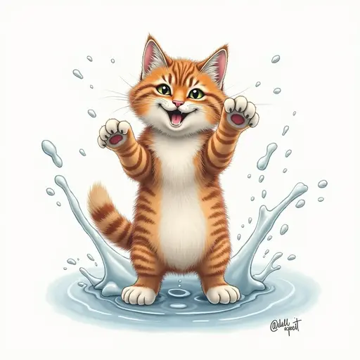 colored pencil drawing of A norwegian forest cat playfully splashing water with its paws, showing a mischievous expression.