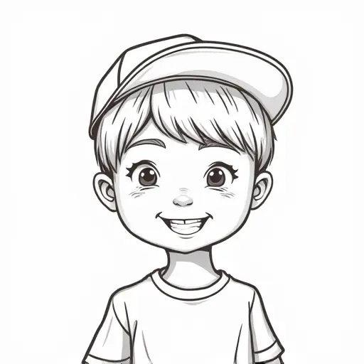 A boy with a cap and a playful expression, sketched in minimalist lines with soft shading.