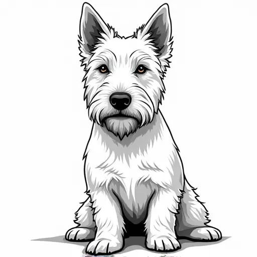 black and white simple line drawing of a west highland white terrier from the front view