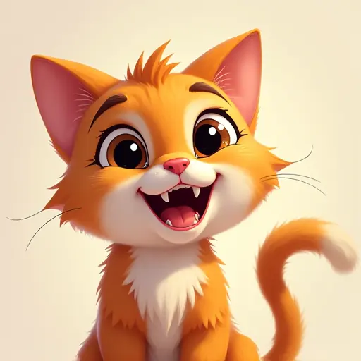 Cartoon-style cat with large, sparkling eyes and a wide, joyful grin.