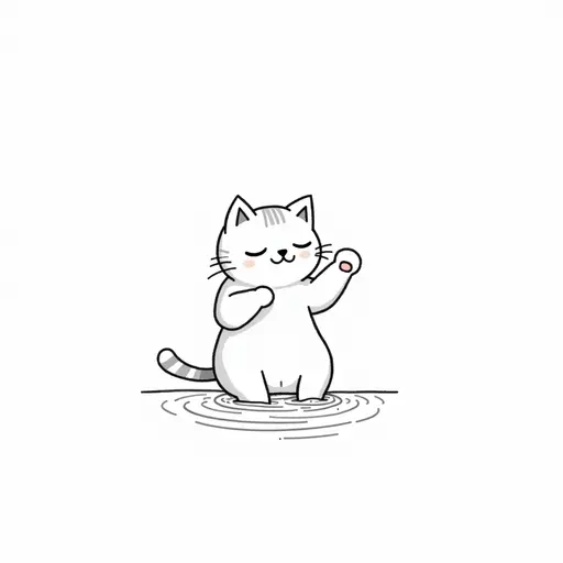 black and white simple line drawing of A british shorthair playfully splashing water with its paws, showing a mischievous expression.