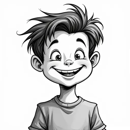 A funny boy with a cheeky grin and messy hair, sketched in bold lines and soft shading for a playful effect.