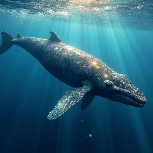 A whale swimming through a sparkling underwater world, with its body reflecting the colors of the rainbow as light filters through the ocean's surface.