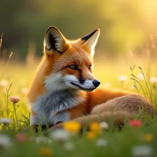 A fox resting in a sunlit meadow, its fur glistening in the warmth of summer, surrounded by tall grasses and blooming wildflowers.