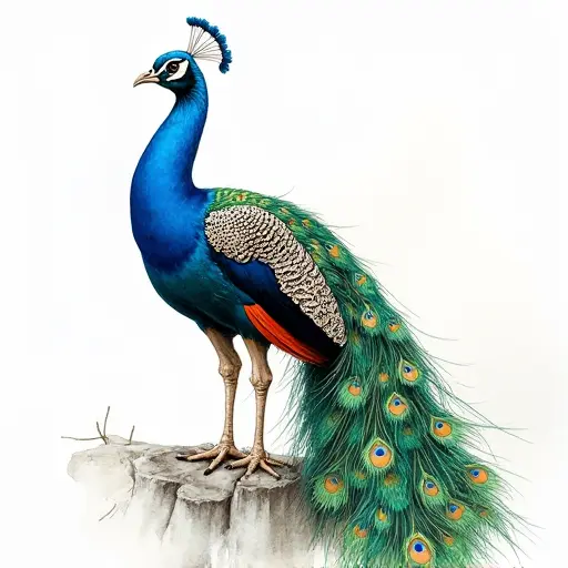 A peacock with stunning feathers, sketched with fine lines and painted in watercolor with rich, vibrant colors.