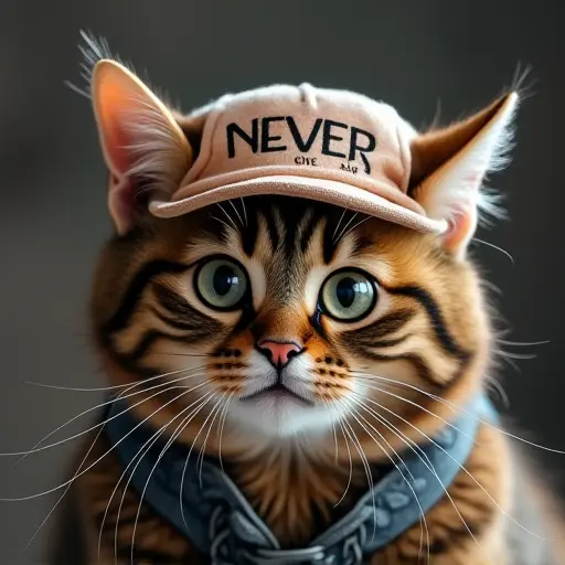 cat, hat, slogan Never Give Up, resilience style